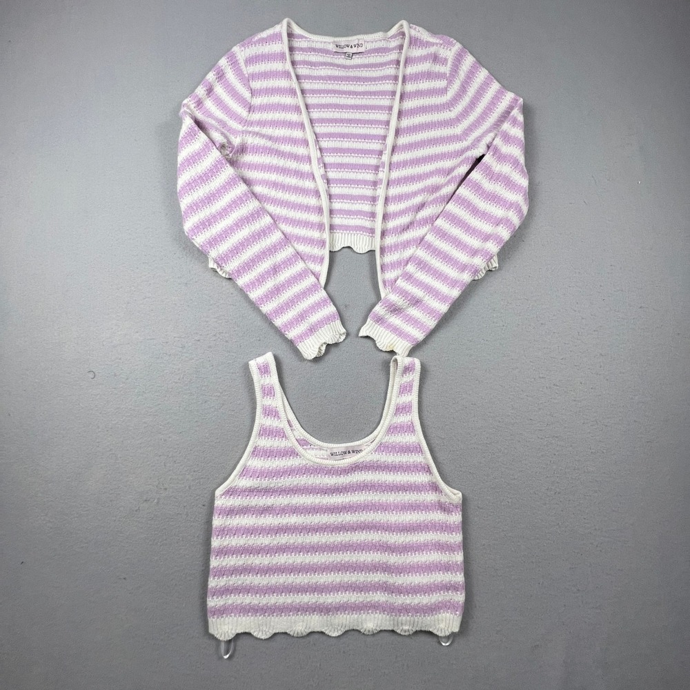 Willow & Wind Sweater Set Womens L Striped Cardigan Tank 2 Piece Scalloped